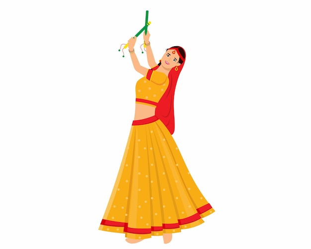 Mujer jugando a dandiya en la noche de garba para el festival de navratri dushehra de la india