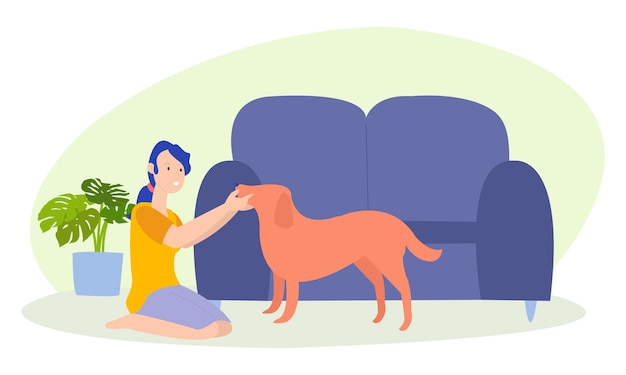 Vector una mujer está jugando con un lindo perro en la casa.