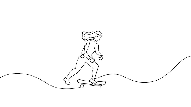 Mujer jugando una línea de monopatín dibujando arte de línea de contorno continuo