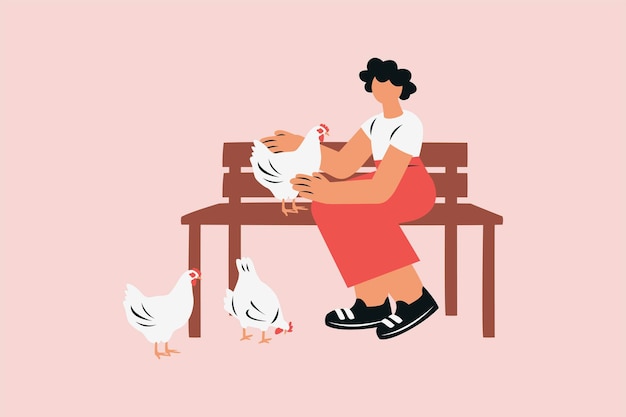 Mujer jugando con pollos ilustración vectorial