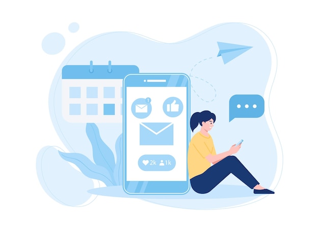 mujer jugando en las redes sociales en la ilustración plana del concepto de tendencia móvil