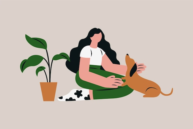 Mujer jugando con su perro ilustración vectorial de mascotas