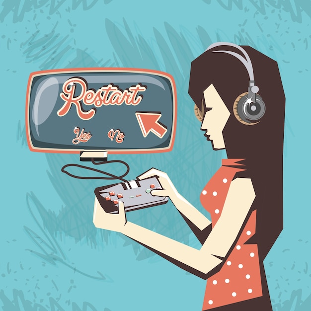 Mujer jugando video juego retro vector ilustración diseño