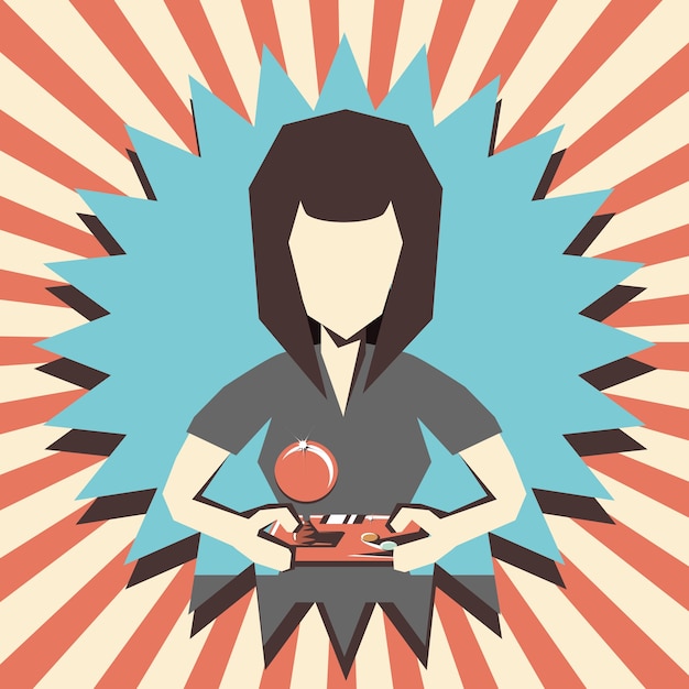 mujer jugando video juego retro vector ilustración diseño