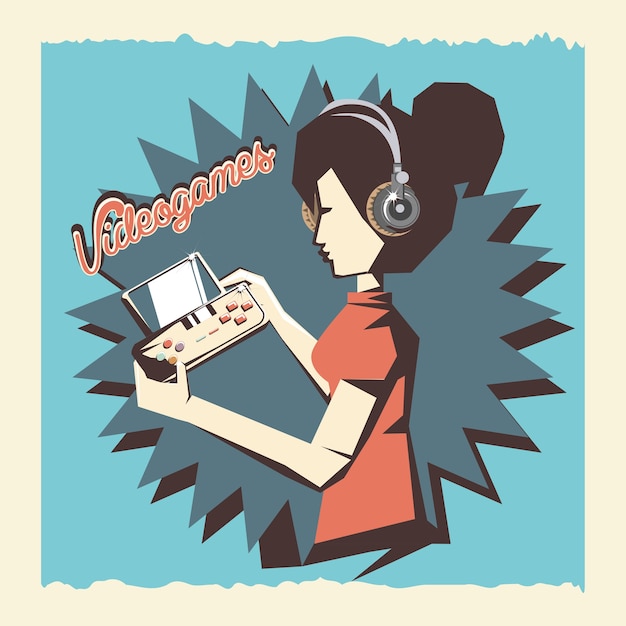 mujer jugando video juego retro vector ilustración diseño