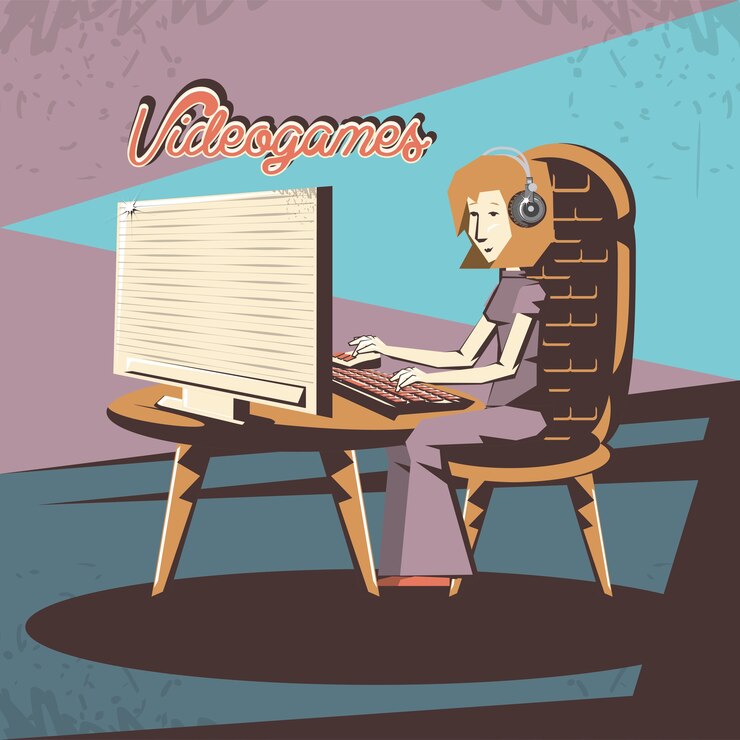Vector mujer jugando video juego retro vector ilustración diseño