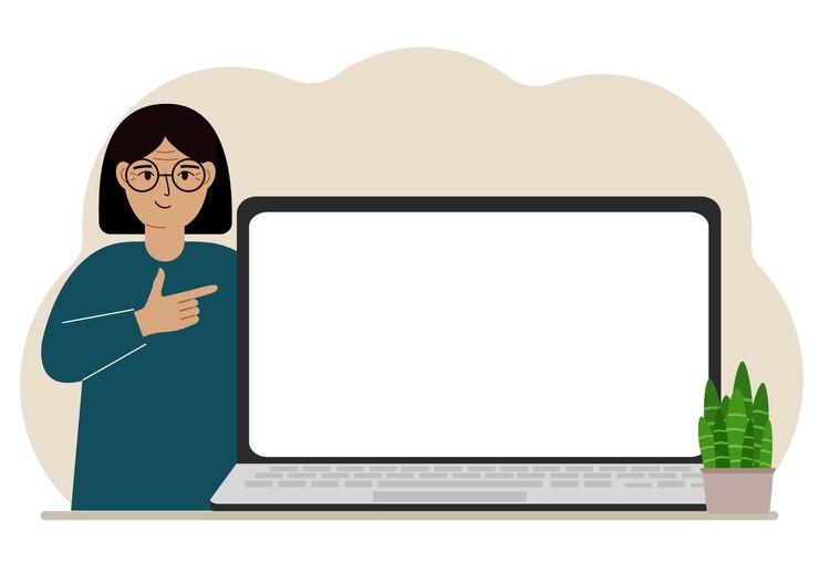 Vector una mujer junto a una computadora portátil grande con mucho espacio para texto