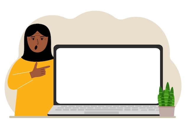 Una mujer junto a una computadora portátil grande con mucho espacio para texto