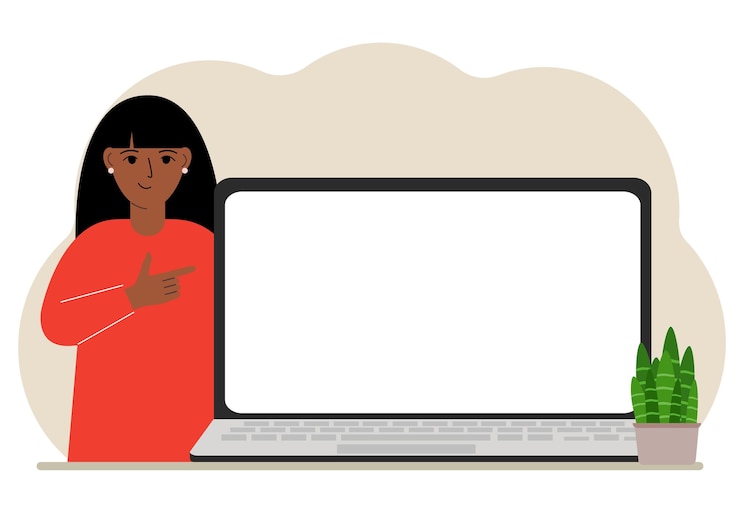 Vector una mujer junto a una computadora portátil grande con mucho espacio para texto
