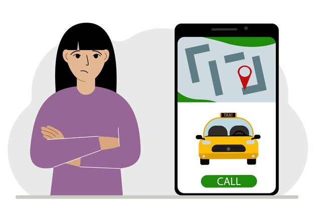 Vector una mujer junto a un gran teléfono inteligente en la pantalla que tiene un taxi y geolocalización el concepto de una aplicación de taxi móvil o pedir un taxi en línea
