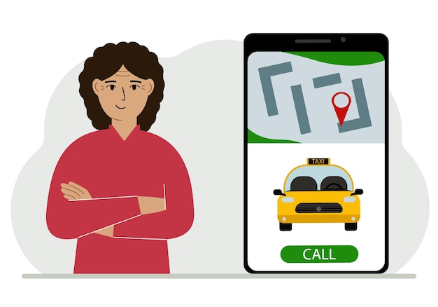 Una mujer junto a un gran teléfono inteligente en la pantalla que tiene un taxi y geolocalización El concepto de una aplicación de taxi móvil o pedir un taxi en línea