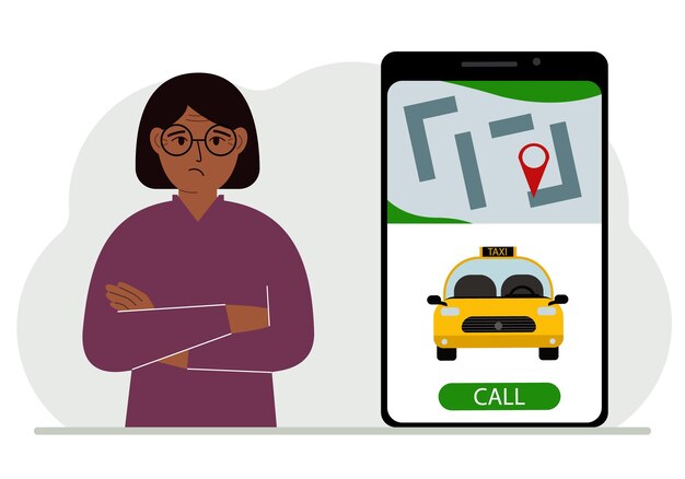 Una mujer junto a un gran teléfono inteligente en la pantalla que tiene un taxi y geolocalización El concepto de una aplicación de taxi móvil o pedir un taxi en línea