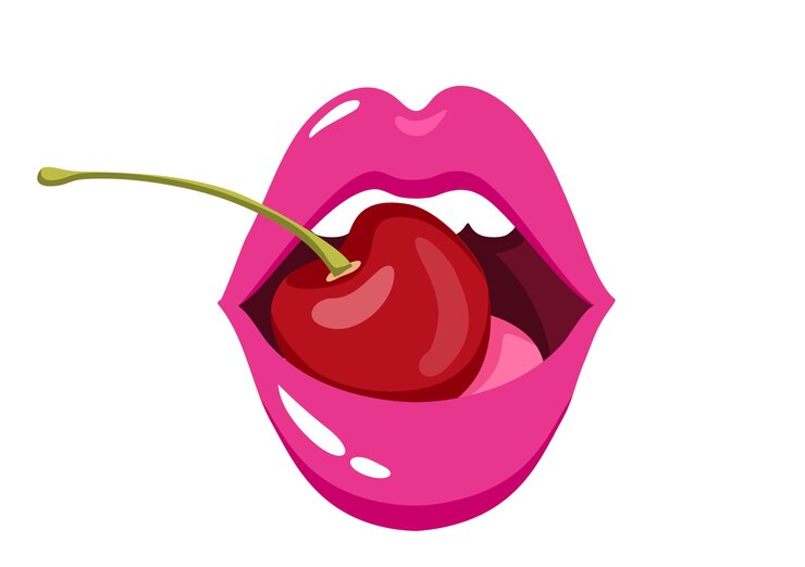 Vector mujer labios con una cereza mujer sexy boca o labios medio abiertos agarra una baya de cereza en los dientes labios rojos sexy femeninos