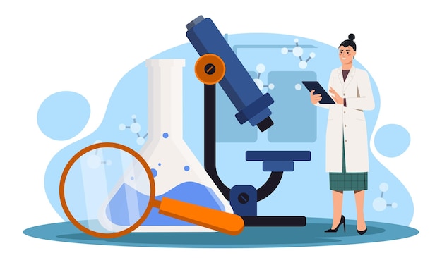 Mujer en el laboratorio joven en uniforme médico de pie cerca de la lupa del microscopio cerca de la prueba