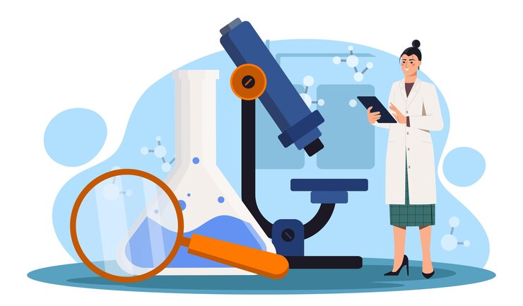 Vector mujer en el laboratorio joven en uniforme médico de pie cerca de la lupa del microscopio cerca de la prueba