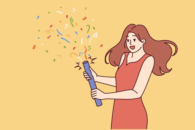 Mujer lanza petardo con confeti durante cumpleaños o fiesta de graduación universitaria