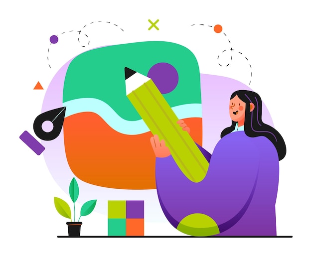 Vector mujer con lápiz gigante y herramientas de diseño