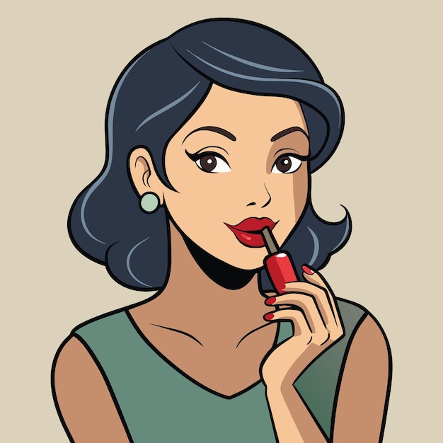 Vector una mujer con lápiz labial rojo está sosteniendo un lápiz lipstick rojo