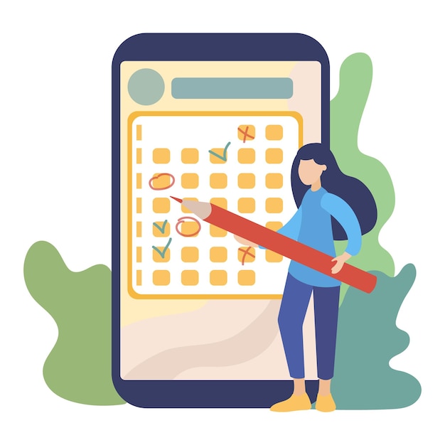 Vector mujer con lápiz de pie cerca del calendario web y el mes de planificación