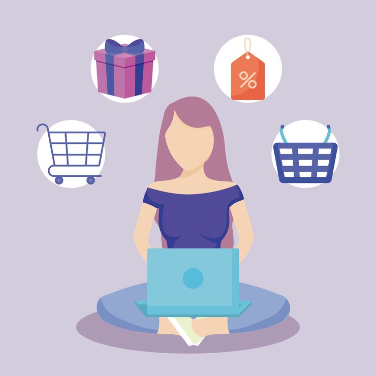 Vector mujer con laptop e iconos comerciales