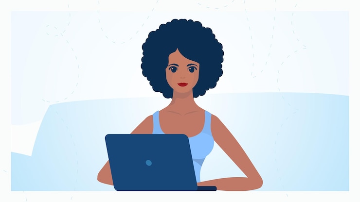 Vector mujer con laptop educación o concepto de trabajo vector en estilo de dibujos animados