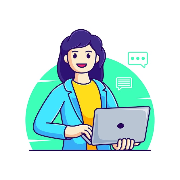 mujer con laptop en la ilustración de vector de trabajo. trabajador de dibujos animados enviando un mensaje