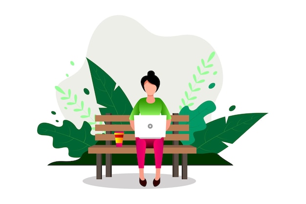 Mujer con laptop sentada en el banco en la naturaleza y deja Ilustración conceptual para freelance