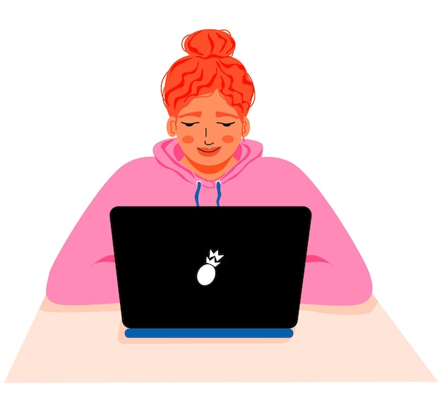 Mujer con laptop sentada en el escritorio Freelancer trabaja en casa