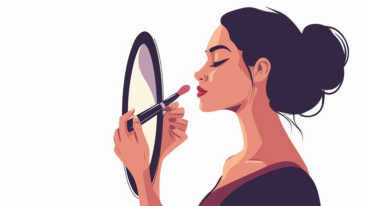Vector mujer latina aplicando maquillaje en el reflejo del espejo