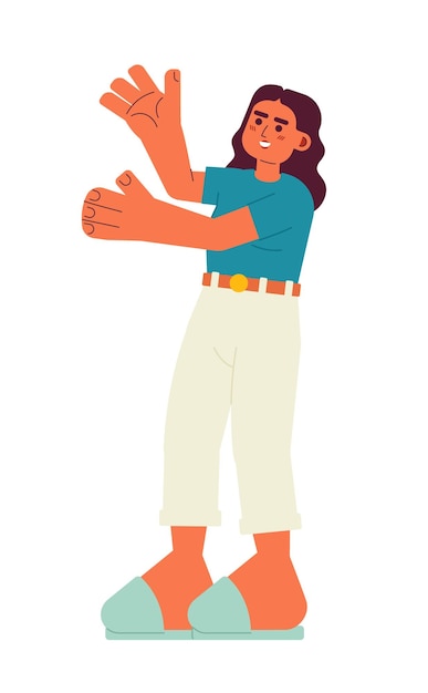 Mujer latina emocionada extendiendo las manos personaje vectorial de color semi plano chica morena levantó los brazos Editable persona de cuerpo completo en blanco Ilustración de punto de dibujos animados simple para diseño gráfico web
