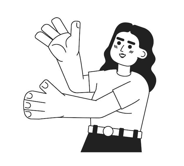 Mujer latina emocionada que presenta con las manos palma hacia arriba personaje vectorial plano monocromático Chica con brazos levantados Persona de línea delgada editable en blanco Imagen simple de dibujos animados bw para diseño gráfico web