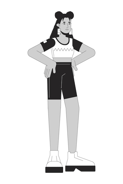 Mujer latina en ropa de entrenamiento línea plana negro blanco vector carácter Editable contorno cuerpo completo persona Leggings joven adulto hembra simple dibujos animados aislado punto ilustración para diseño web