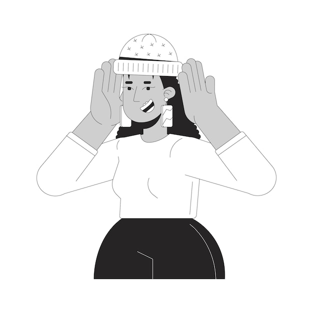 Mujer latinoamericana feliz poniéndose un sombrero personaje de dibujos animados en 2D en blanco y negro