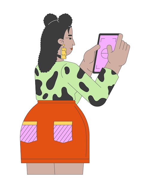 Mujer latinoamericana usando un teléfono inteligente personaje de dibujos animados 2D