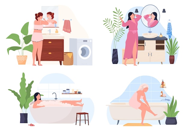 La mujer lava cuida su cuerpo baño interior muebles acogedor apartamento moderno vector mal