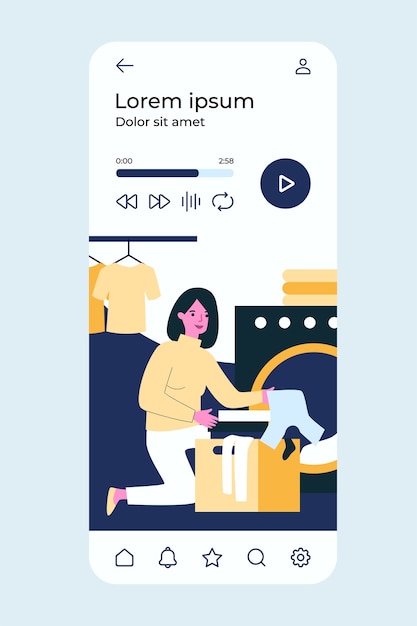 Mujer lavando ropa. lavadora de carga de personaje femenino