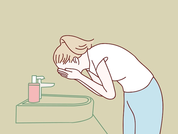 Mujer lavándose la cara con agua sobre el lavabo del baño ilustración de estilo coreano simple