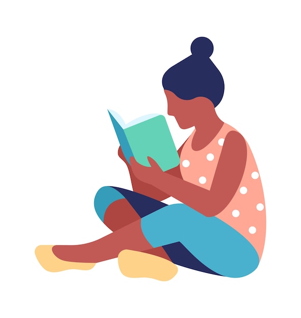 La mujer lee el libro. Personaje femenino adulto sentado y leyendo, bibliófilo y amante de los libros, obteniendo conocimiento, desarrollo y educación, pasatiempo y tiempo libre, ilustración vectorial aislada