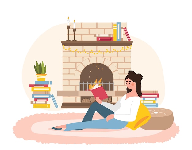 mujer, leer, libro, por, chimenea