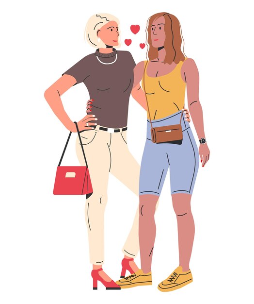 Mujer lesbiana multiétnica Pareja aislada Joven pareja homosexual Abrazándose tomados de la mano Dos mujeres LGBT Abrazándose y mirándose unos a otros Orgullo LGBT Identidad de género Ilustración vectorial plana