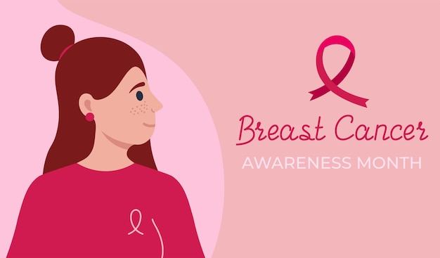 Vector mujer y letras mes de concientización sobre el cáncer de mama banner vector ilustración plana colores rosa