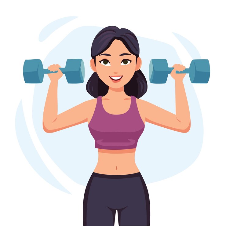 Vector mujer levantando pesas entrenamiento físico estilo de vida saludable