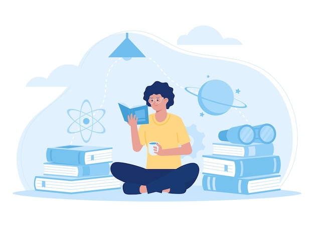 mujer leyendo y estudiando libros de ciencia concepto de tendencia ilustración plana