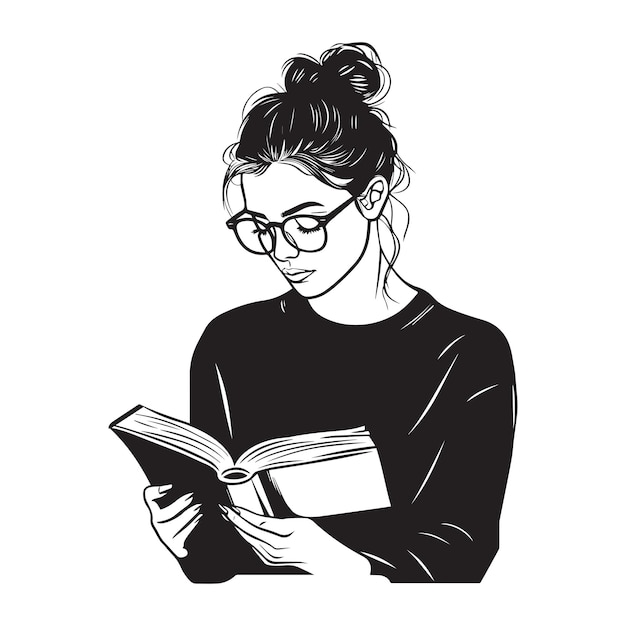 Mujer leyendo ilustración de silueta joven personaje femenino lindo libro de lectura Clipart Vector