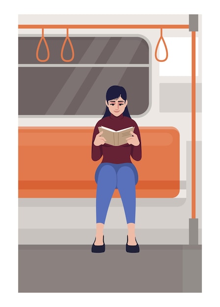 Mujer leyendo en la ilustración de vector semi plano de tren. Lectora sosteniendo libro en transporte público. El estudiante con el cuaderno se sienta en el viajero. Personajes de dibujos animados 2D de pasajeros de Metro para uso comercial