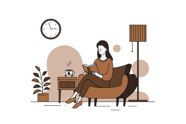 Mujer leyendo un libro y bebiendo café