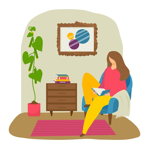 Vector mujer leyendo un libro en casa sentada en una silla acogedora habitación ropa informal planta interior relajación