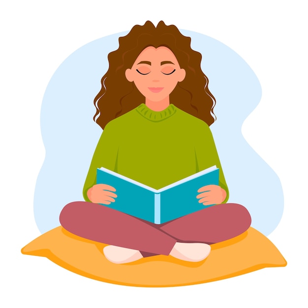 Mujer leyendo libro Chica sosteniendo libro de texto Ilustración vectorial en estilo plano Concepto del día de la alfabetización