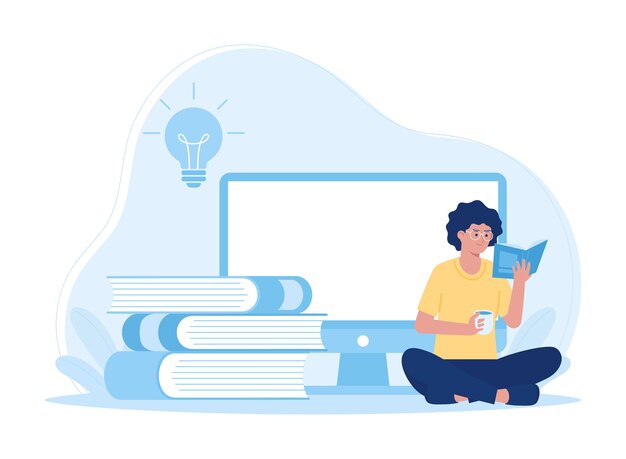 mujer leyendo un libro con una computadora en el fondo tendencia concepto ilustración plana