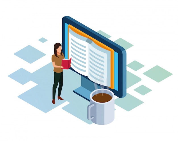 Vector mujer leyendo un libro, una computadora grande y una taza de café sobre fondo blanco, colorido isométrico